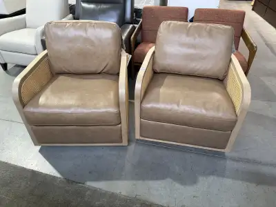 Set of 2 brown leather swivel accent chairs , View more