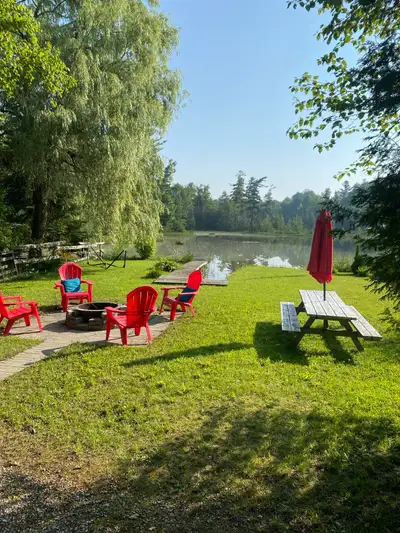 Waterfront seasonal lot with bunkhouse and golf cart at Blue Water Lakes Campground in Crawford, ON....