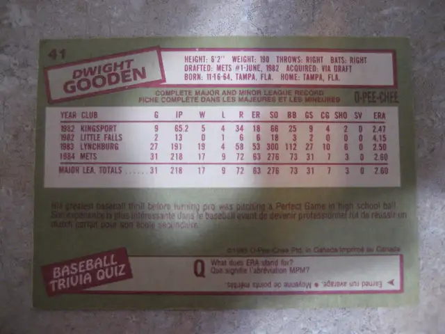 1985 O-Pee-Chee # 41 Dwight Gooden Rookie Card in Arts & Collectibles in Moncton - Image 3