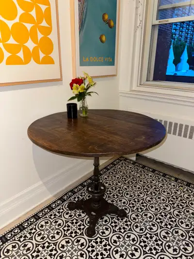 Round Dark Wood Dining Table with Metal Pedestal Base, View more