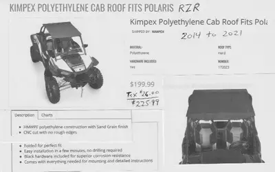 NRE Kimpex roof for RZR, but can be adapted to fit other side by sides. Still in the box. Purchased...