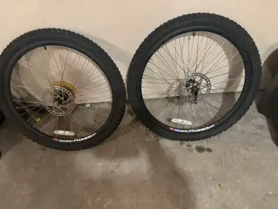 26 X 1.95 Mountain Bike Wheels and Tires with Disk Brakes , 7 speed cassette. Like new