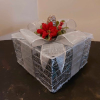 White Box With Silver Ribbon, Pine Cone, Flower  Lighted Box