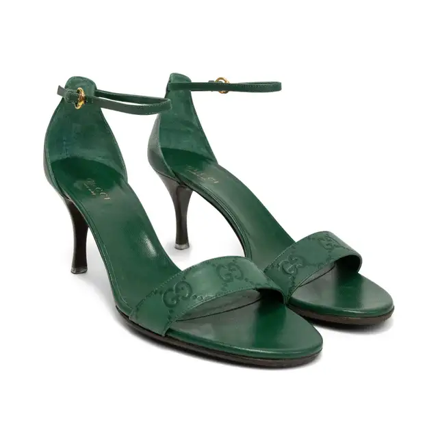 Gucci Embossed 'GG' monogram  Green Sandals, Women's 36, Heel 3"