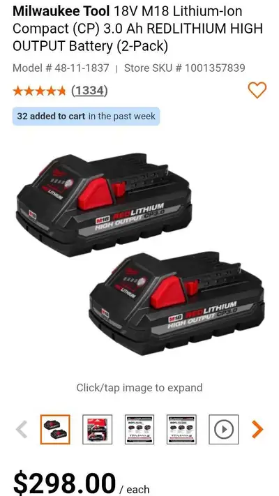 18v M18 Compact 3.0 ah REDLITHIUM HIGH OUTPUT Battery 2-pack, View more