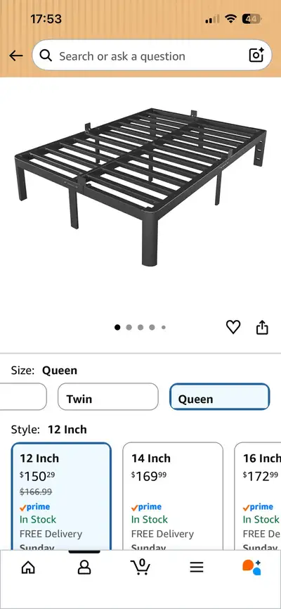 Queen bed frame 12” high Basically new first used in January Sturdy construction See Amazon pictures...