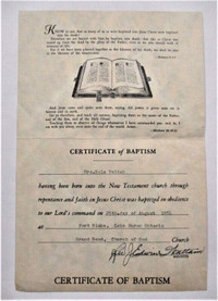 Vintage, 1954 Certificate of  Baptism by Church of God in Canada