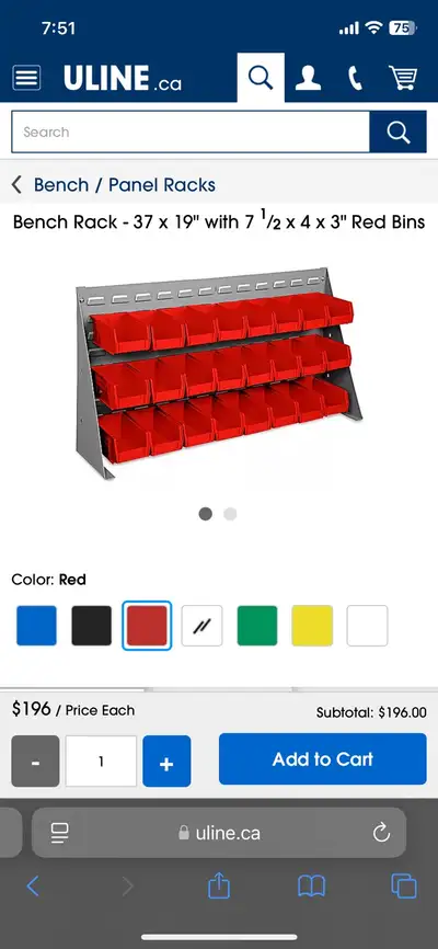 This Uline bench rack, measuring 37 x 19 inches, comes complete with 24 red bins, each sized at 7 1/...