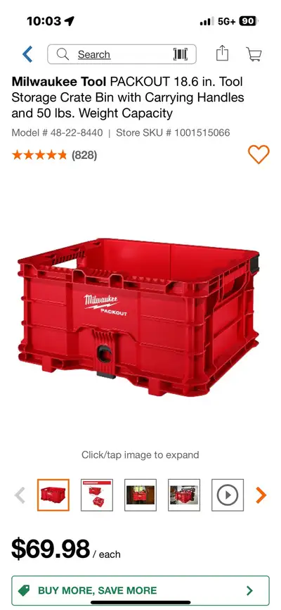This Milwaukee PACKOUT 18.6-inch tool storage crate bin features carrying handles and a 50 lbs weigh...