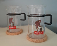 Pair Bodum Glass Coffee French Press Cups Mugs Monkey w coasters
