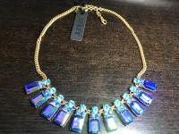 J CREW Blue Rhinestone Statement Necklace Gold Tone