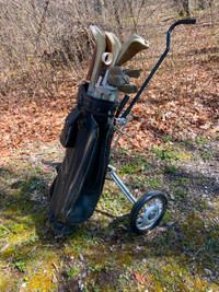Golf clubs, bag and cart