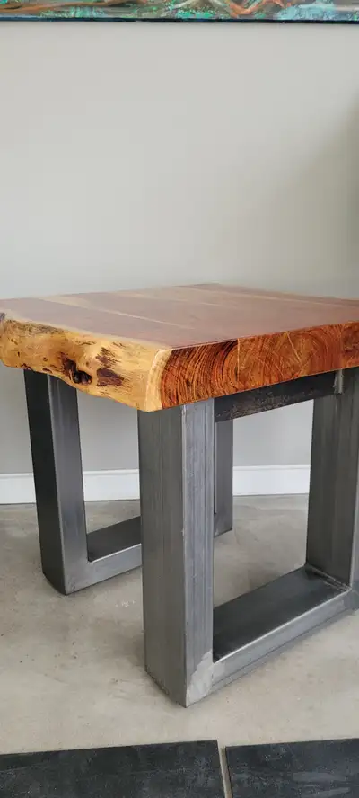 NEW! 2 solid Acacia real wood tables w/heavy steel base $450 set, View more