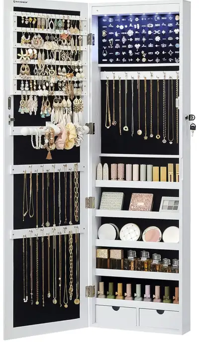 New-6 LEDs Mirror Jewelry Cabinet, Lockable Wall/ Door Mounted, View more