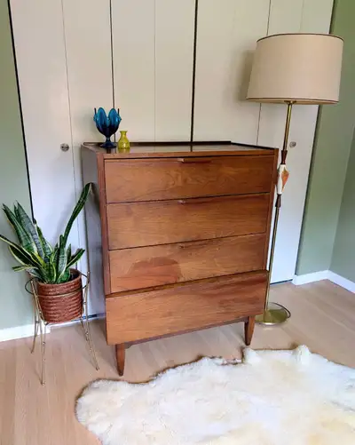 Mid Century Walnut Tallboy Dresser , View more