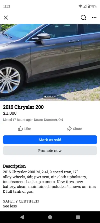 111,000 km, 4 cyl, 9 speed auto, New tires, new battery, clean, well maintained, set of 4 snows on r...