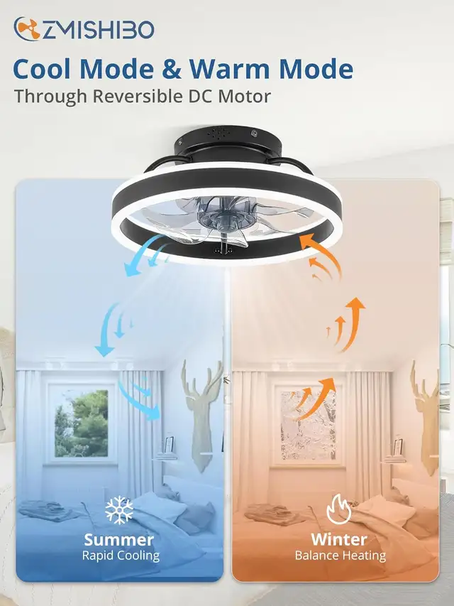 Modern Flush Mount Ceiling Fan with LED Light and Remote, 19.7'' in Indoor Lighting & Fans in Mississauga / Peel Region - Image 2