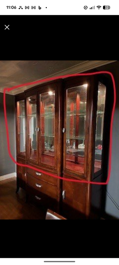 top part of dining room hutch set, good condition, comes with glass panels , shelves and doors, and...