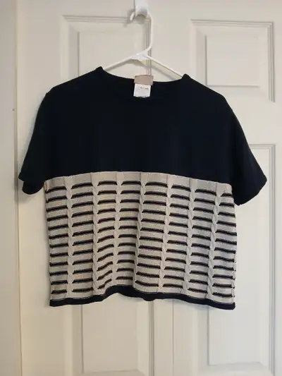 Gaby vintage knit navy blue and cream shortsleeve, size large L, View more