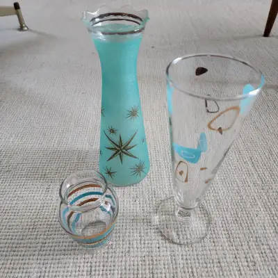 MCM Assorted Gold and Turquoise Glass Vases