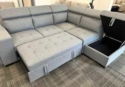 Grey Sectional Sofa with Pull-Out Bed, Storage & Stools, View more