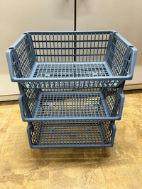  Stackable plastic baskets/bins blue $15 set of three