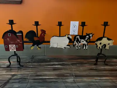 Vintage painted metal farmyard animal themed candelabra, View more