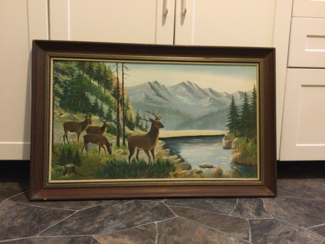 Art Painting on board with wood frame deer landscape signed in Arts & Collectibles in Winnipeg - Image 2