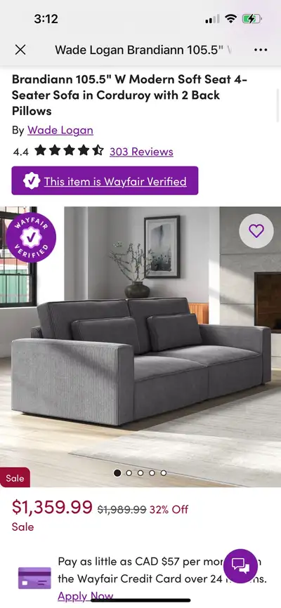 105.5" W Modern Soft Seat 4-Seater Sofa in Corduroy with 2 Back , View more
