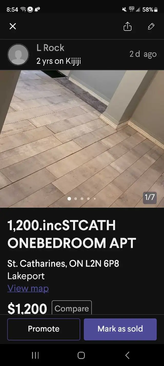 ONE BEDROOM APT 1,200inc