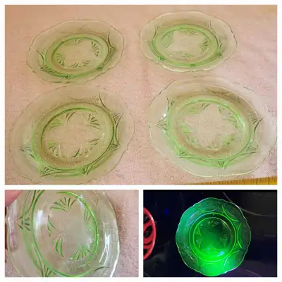 These stunning antique Royal Lace uranium glass pieces glow brilliantly under UV light, making them...