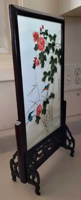 Antique Chinese Embroided Silk Table Screen Birds Flowers Signed in Arts & Collectibles in Oshawa / Durham Region - Image 4