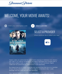 Star Trek Into Darkness Apple TV iTunes 4K digital movie code