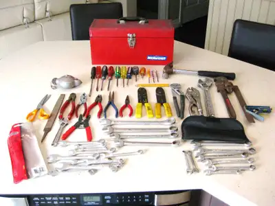 Selling a 55 Piece Lot of Hand Tools with a Steel Red Tool Box loaded with Wrenches, assorted Pliers...