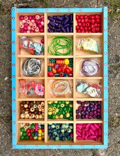 Wooden Bead Set  in wood divided tray with extras, View more
