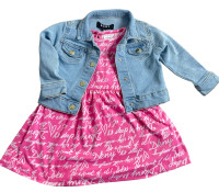 DKNY BABY GIRL SET LIGHT WASH DENIM JACKET AND PINK DRESS 18 M