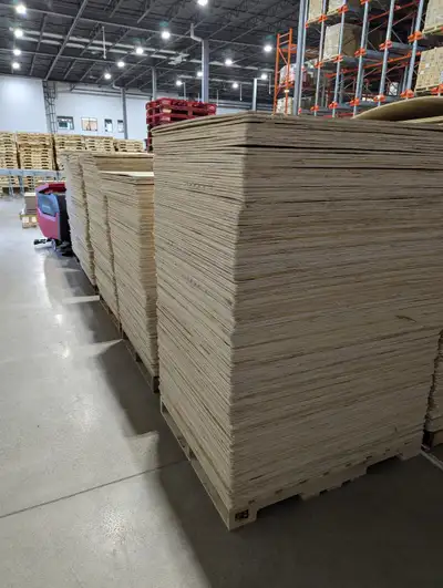 40"x48" plywood - 3/8" - 1/2" thick (Mostly 3/8") Minimum purchase quantity is 6 sheets at $10 each...