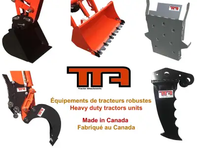 Tractor Attachments Canada KUBOTA - JOHN DEERE - KIOTI - MASSEY FERGUSON buckets, rippers, trenchers...