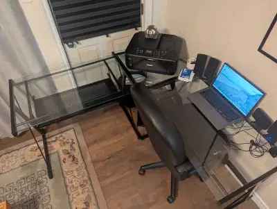 large glass computer desk. Chair included. , View more