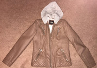 Lady’s size small faux brown leather jacket.  Removable hoody