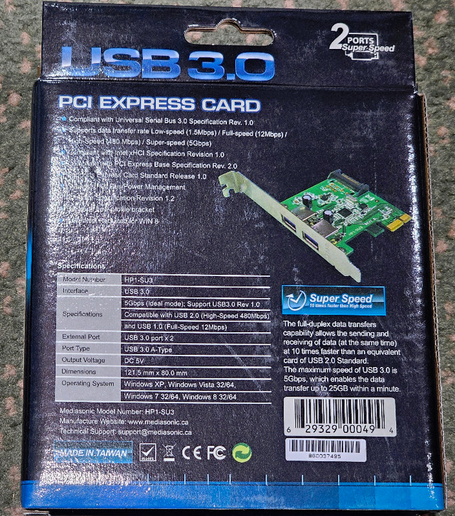 Mediasonic USB 3.0 Super Speed PCIe 2-Port Adapter Card in System Components in City of Toronto - Image 2