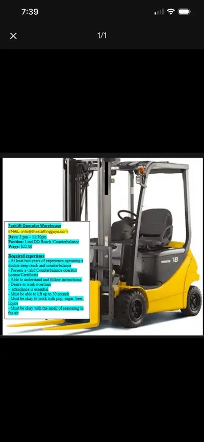 Reach Truck Operator $22.00 / hr, View more