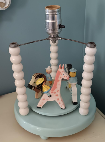 Vintage musical and motion Circus Themed Wood Table Lamp - works, View more