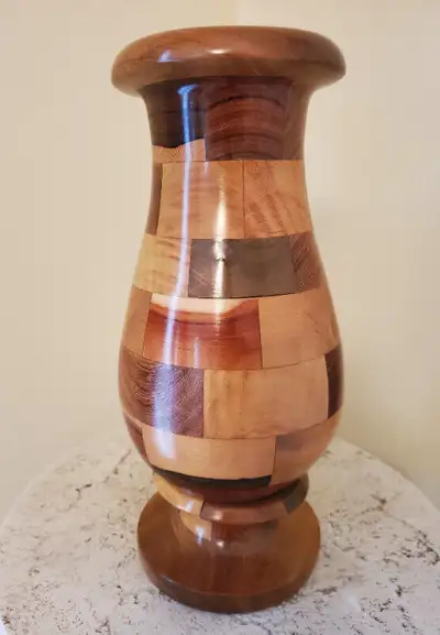 VINTAGE INLAID WOOD VASE, View more
