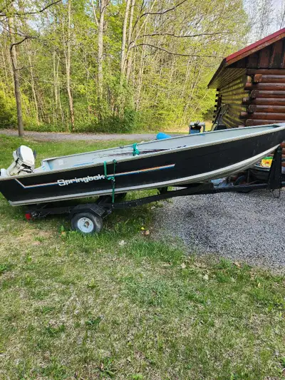 14ft springbok deep v aluminum boat, has late 80's 9.9 johnson that has low hours and runs great. Tr...