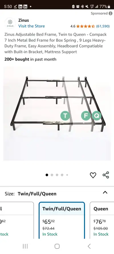 Used bed frame with adjustable sizing. Twin, Full, Queen. Alloy Steel. Colour: black. Max weight: 40...