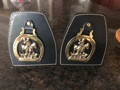 Vintage horse & hound John Peel bookends  brass & leather , View more