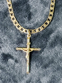 10K Yellow Gold Custom Curb Chain Necklace With Cross Pendant 