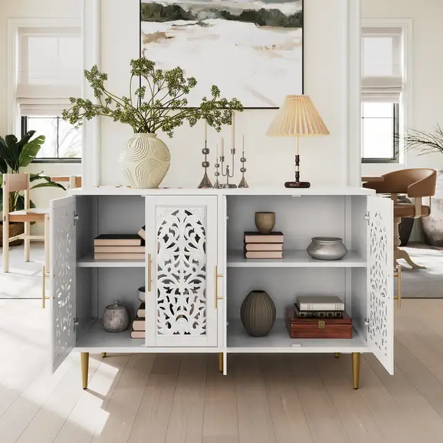 47.8" White 4-Door Vintage-Style Hollow Carved Accent Cabinet in Hutches & Display Cabinets in Markham / York Region - Image 4