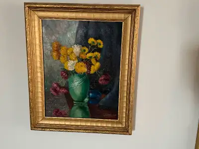 Beautiful vintage floral painting still life. Signed Elenore Woodcroft '39. Measurements including f...
